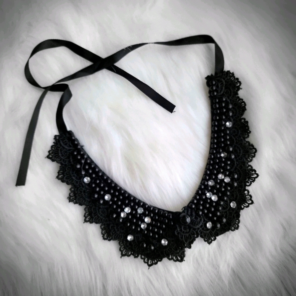 Black and Rhinestone Tie Bib Necklace